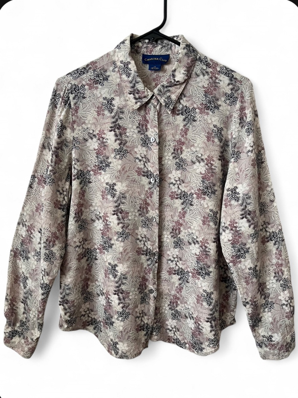 Vintage 100% Silk Charter Club Button Up Blouse Botanical Size 10 Romantic 90s